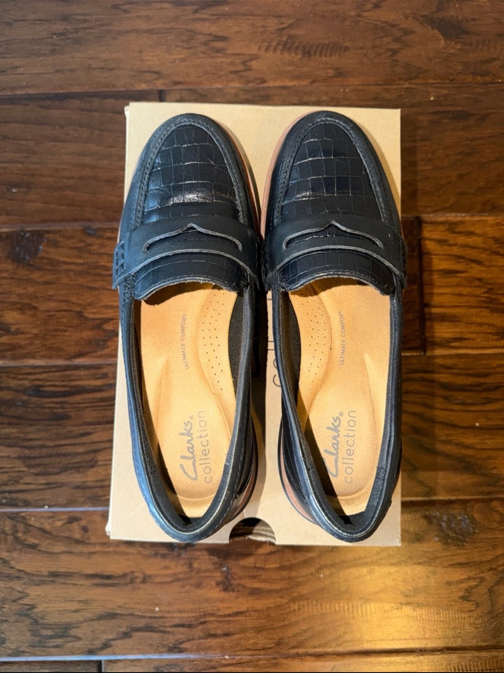 Clarks Black Croc-Effect Penny Loafers with Brown Trim